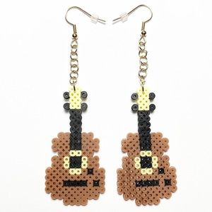 Handmade Mini Perler Bead Yellow/Brown Guitar Earrings. New
